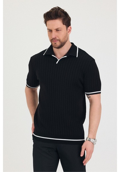 Tarz Cool Erkek Yaka Kol Etek Çizgi Detaylı Triko T-shirt Siyah
