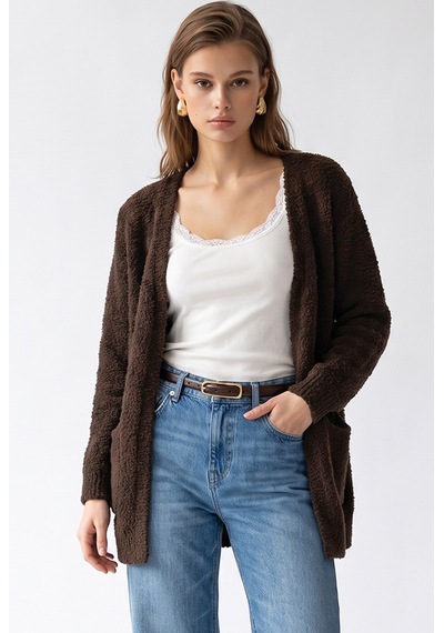Mixray 7069 Kadın Buklet Dokulu Cepli Oversize Triko Hırka Kahve
