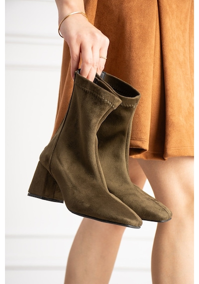 Dabab Shoes Lara Kadın Haki Süet Streç Küt Burun Fermuarlı 6 Cm Kalın Topuklu Bot Bootie