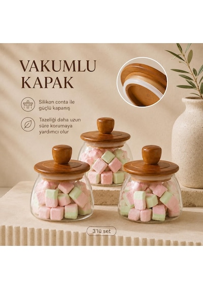 3'lü Set 500 Ml Akasya Kapaklı Vakumlu Cam Kavanoz Saklama Kabı, Kahve Kuruyemiş Baharat Ve Erzak Düzenleyici Diğer