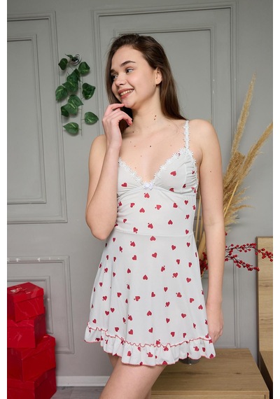 Eloria Fashion Kırmızı Kalp Baskılı Tangalı Gecelik , Kadın Elbise Gecelik Krem