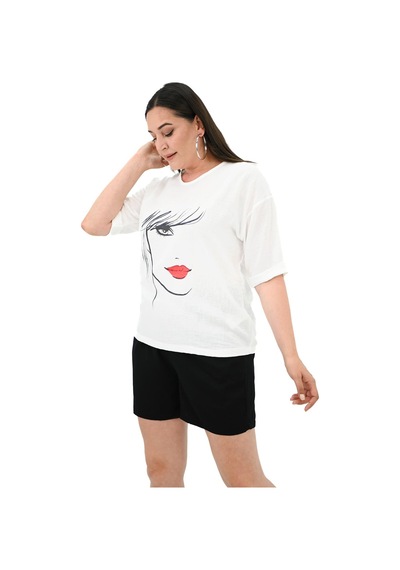 Kadın Büyük Beden Yüz Baskılı T-shirt 1788-25 001