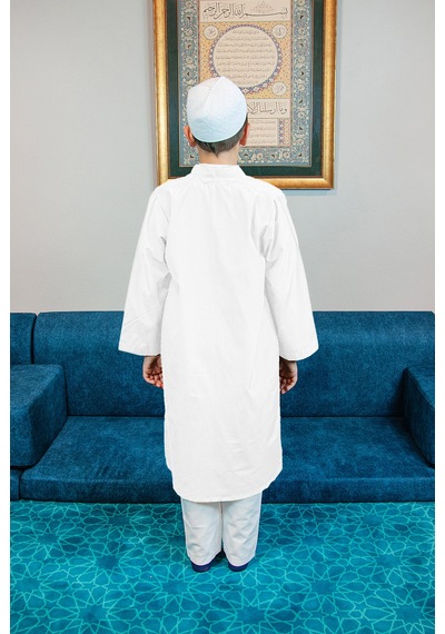 Beyaz Buhara Yaka Namaz Elbisesi Erkek Çocuk Cübbe Beyaz