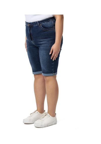 Büyük Beden Paçası Katlamalı Beş Cepli Denim Lacivert Şort-lacivert Lacivert