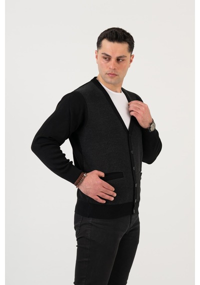 Woolen World Düğmeli Çift Cepli Nokta Desenli Erkek Triko Hırka 001