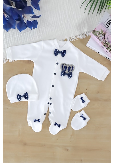 Sitilin Erkek Bebek Papyonlu Kral Taşlı Süslü Tulum Seti 0-3 Ay Stl7015 Mavi