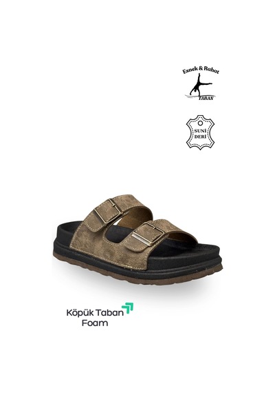 Sermoda Çift Toka Ayarlanabilir Genişlik Köpük Taban Rahat Deri Erkek Terlik Vizon