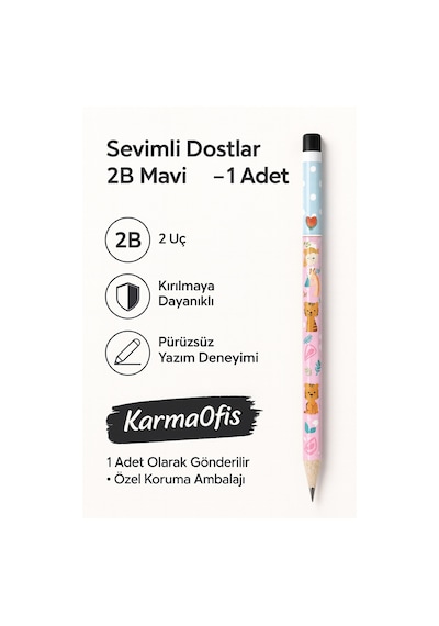 Sevimli Dostlar 2b Kurşun Kalem Çocuklar İçin Desenli Kalem 1 Adet Mavi Mavi