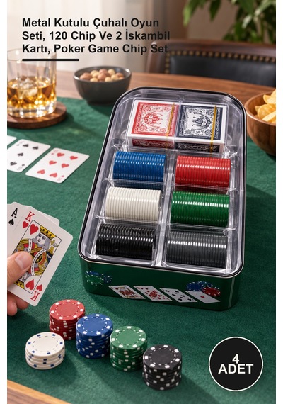 4 Adet Poker Seti Metal Kutulu Çuhalı Oyun Seti, 120 Chip Ve 2 İskambil Kartı, Poker Game Chip Set