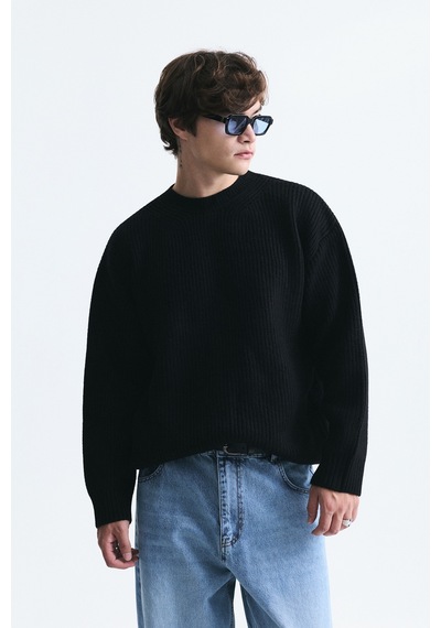 Vamos Oversize Fitilli Triko Kazak Siyah