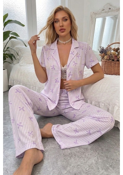 Bella Notte Lila Soft Fiyonk Desenli Yazlık Pijama Takımı Mor