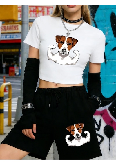 Tarzsokak Yaz Russell Terrier Köpek Baskılı Kırpma Üstleri Şort Kadın İki Parçalı Set Beş Nokta Pantolo Beyaz Tarzsokak Yaz Russell Terrier Köpek Baskılı Kırpma Üstleri Şort Kadın İki Parçalı Set Beş Nokta Pantolo Beyaz