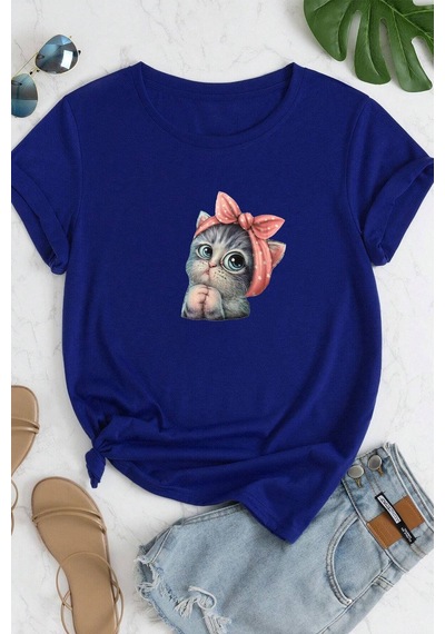 Flood Of Style Unisex Sevimli Kedi Tasarım T-shirt Mavi