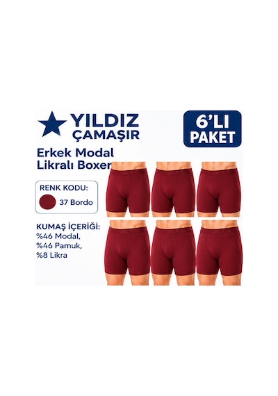 Yıldız Çamaşır Erkek Modal Likralı Boxer 36-37-38-39-40-41-42 - 6 Adet Bordo
