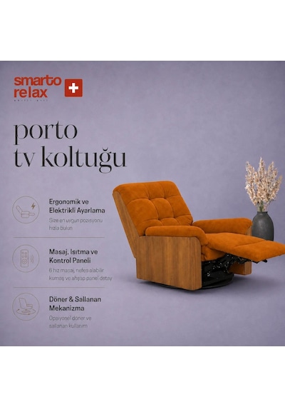 Smarto Relax Porto Tv Koltuğu Elektrikli Masajlı Isıtmalı Döner Sallanan Ahşap Yan Panelli Polyester Kumaş Baba Koltuğu Turuncu