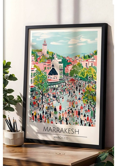 Fas Marrakesh Temalı Çerçeveli Tablo Travel Serisi Modern İllüstrasyon Şehir Duvar Dekoru Siyah