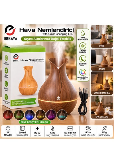 Erkaya 200 Ml Usb Hava Nemlendirici Ahşap Görünümlü Renk Değiştiren Led Işıklı