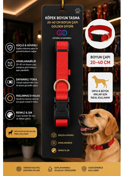 M-pets Köpek Boyun Tasması 20-40 Cm Ayarlanabilir Kilitli Toka D-halkalı - Kırmızı Çok Renkli