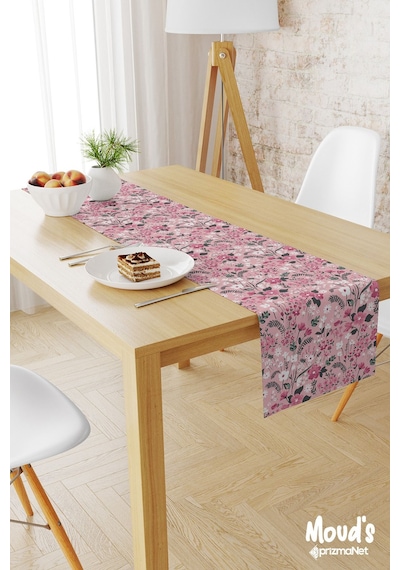 Pembe Pastel Çiçek Desenli Baskılı Süet Runner Masa Örtüsü