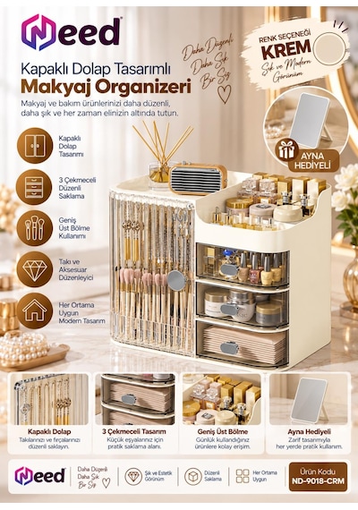Need Kapaklı Dolap Tasarımlı 3 Çekmeceli Makyaj Organizeri Ve Takı Düzenleyici Krem Nd-9018-crm