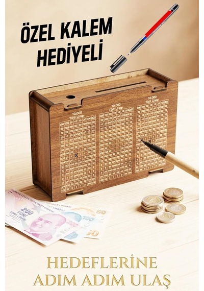 Tr Ahşap Kumbara, Para Biriktirme Kutusu, Mdf, Ceviz, Tasarruf Challenge Sistemi, Motivasyon Hedef Kutusu, Kalem Hediye