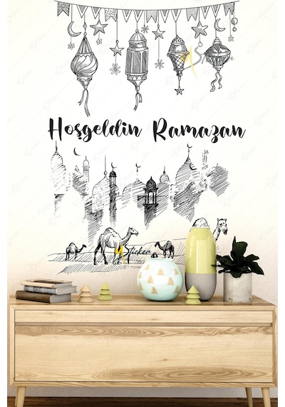 Ramazan Ayı Kandiller Ve Medine Figürleri Cam Duvar Dolap Sticker Seti - Hoşgeldin Ramazan Çok Renkli