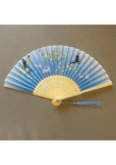 Beluga Yelpaze Bambu Serinletici Vintage Turkuaz Çiçekli Tavşanlı Şık Püsküllü Japon Yelpaze 0228