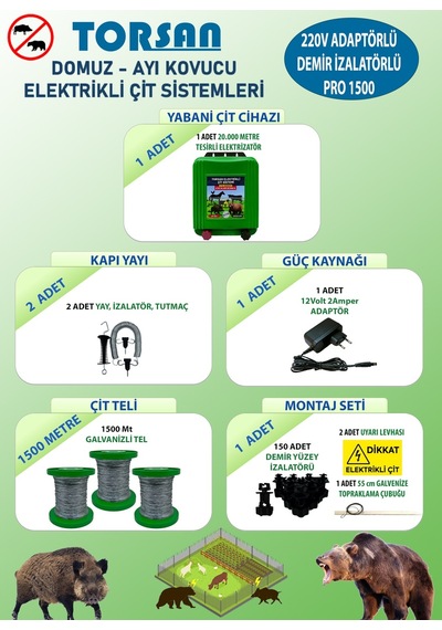 Torsan 220v Adaptörlü Pro Plus 1500 Elektrikli Çit Sistemi Domuz - Ayı Kovucu 1500mt