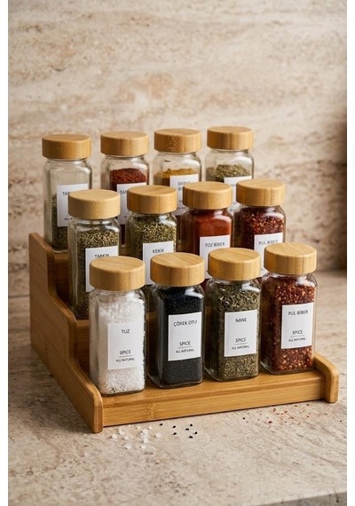 13 Parça Bambu Standlı Baharatlık Seti - 12 Adet 120 Ml Cam Baharat Takımı Diğer
