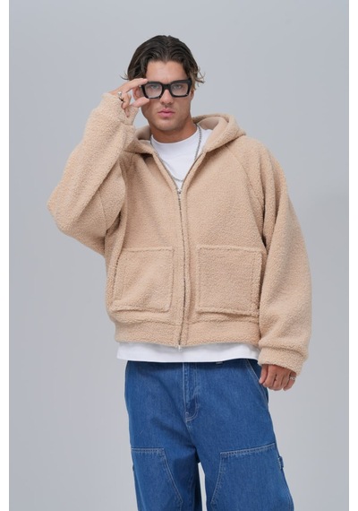 Düz Fermuarlı Cepli Kapüşonlu Unisex %100 Pamuk Sweatshirt Bej