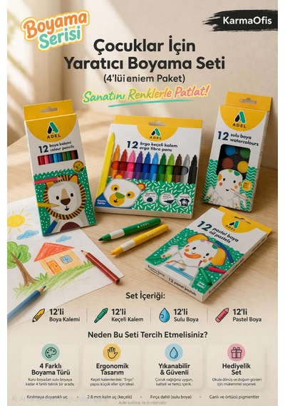 4 Lü Boyama Seti 12 Li Boya Kalemi + Keçeli Kalem+sulu Boya+pastel Boya Yaratıcı Boyama Seti
