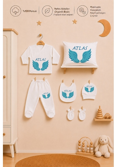 Pia Baby İsme Özel Erkek Bebek Hastane Çıkışı Zıbın Seti %100 Pamuk Organik Baskı Kişiye Özel 2017zybyx Ekru