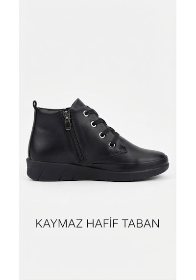 Ender Hakiki Deri Topuksuz Bağcıklı Fermuarlı Kadın Bot Siyah