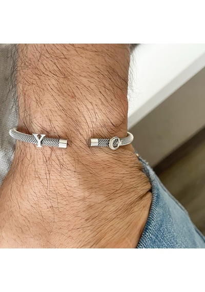 Gümüş Harf Ve Ayyıldız Beyaz Çelik Bileklik Gri
