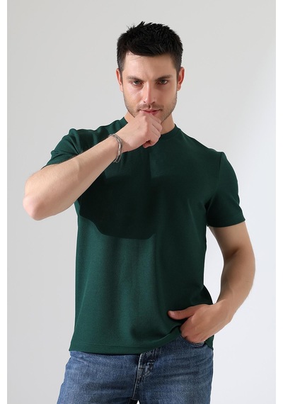 Erkek Fitilli Slim Fit Bisiklet Yaka Düz Renk T-shirt YESIL
