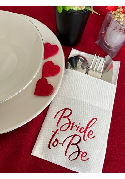 Kırmızı Yaldızlı Beyaz Bride To Be Cepli Aır Touch Peçete 12 Lı 40x40