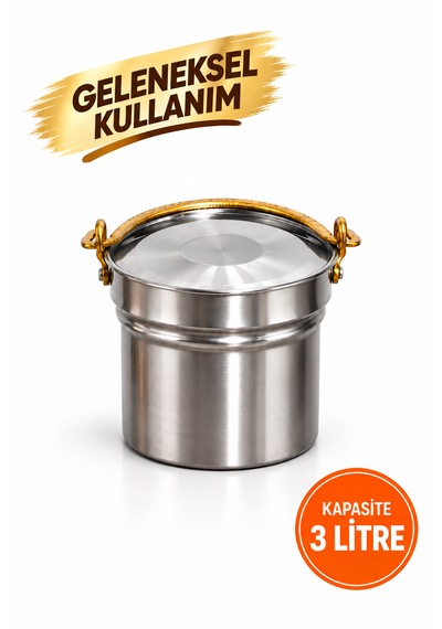 3 Litre Paslanmaz Çelik Yoğurt Mayalama Ve Süt Kabı Satır/bakraç Geleneksel Sarı Kulplu - 13 Helke Metalik
