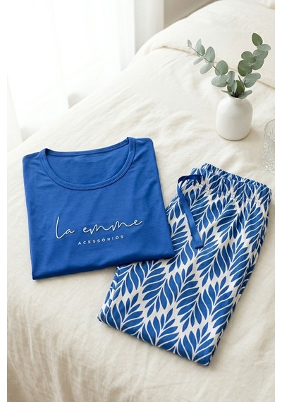 Aura Collections Kadın Desenli Bambu Viskon Uzun Kollu Soft Örme Mevsimlik Pijama Takımı Mavi