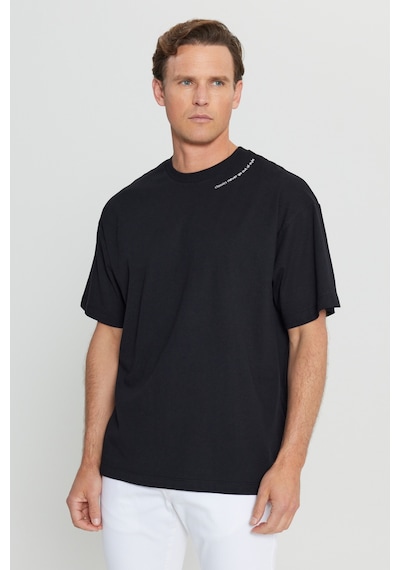 AC&Co / Altınyıldız Classics Erkek Sıyah %100 Pamuk Oversize Fit Rahat Kesim Bisiklet Yaka Baskılı Tişört Siyah