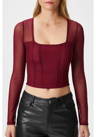 Ritnice Kadın Alina Korse Görünümlü Bordo Tül Crop Bluz Bordo