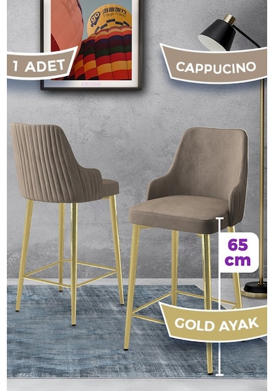 Canisa Tera Serisi 1 Adet Babyface Kumaş 65 Cm Gold Kaplama Ayaklı Cappucino Bar Sandalyesi Cappucino Sandalye Gold Kaplama Ayak