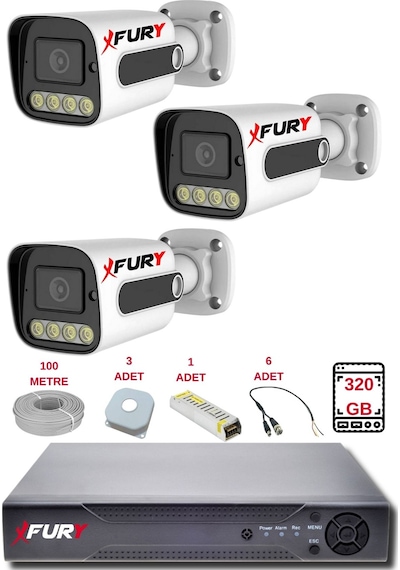 Fury 3 Kameralı Set Full Hd Gece Renkli Görüş-cepten İzle-su Geçirmez Güvenlik Kamerası Seti 320gb