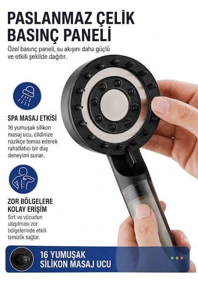 Yüksek Basınçlı Arıtmalı Masajlı 5 Fonksiyonlu Duş Başlığı 5 Adet Yedek Filtre Kireç Önleyici Tazyikli Su Tasarruflu Masajlı Banyo Başlık Seti Krom - Mat Siyah