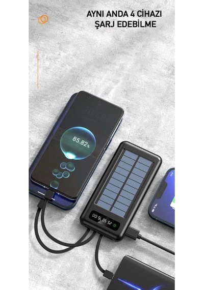 Powerbank10000 Mah Güneş Enerjili Göstergeli Powerbank Solar Fenerli Güneş Enerjili Type C - Lightning - Micro Usb - Usb Kablolu Senalstore Siyah