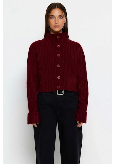 Benerly Kadın Dik Yaka Fitilli Dokuma Crop Oversize Triko Hırka Düşük Kol Bordo