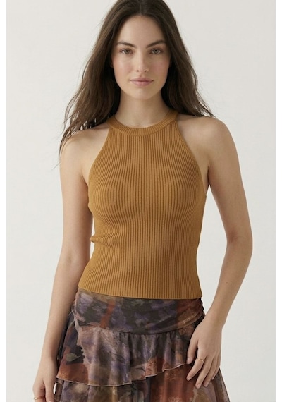 Neden Tekstil Kadın Fitilli Halter Yaka Crop Bluz - Camel