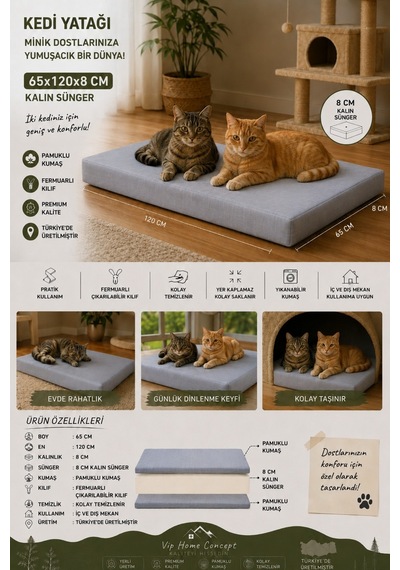 Xl Büyük Irk Köpek Yatağı Süngerli Fermuarlı Yıkanabilir Kılıflı Köpek Minderi 65x120x8 Cm-gri