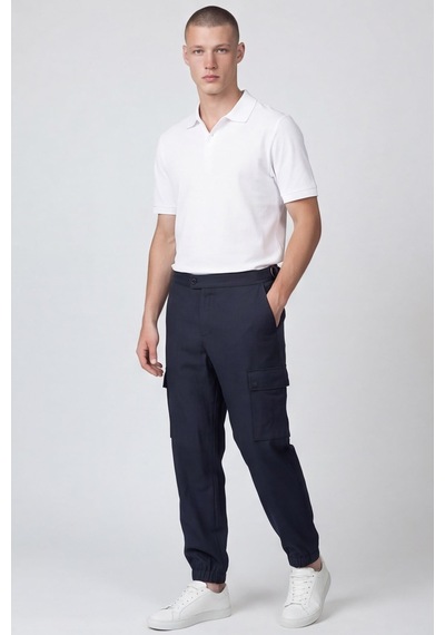 Giotelli Erkek Koyu Lacivert Normal Kesim Regular Fit Viskon Dokuma Kargo Cep Normal Bel 6 Drop Pantolon