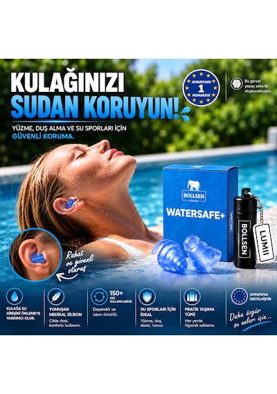 Watersafe+ Yüzme Kulak Tıkacı Su Geçirmez Silikon Havuz, Deniz, Duş Ve Banyo İçin 24 Db, Yeniden Kullanılabilir