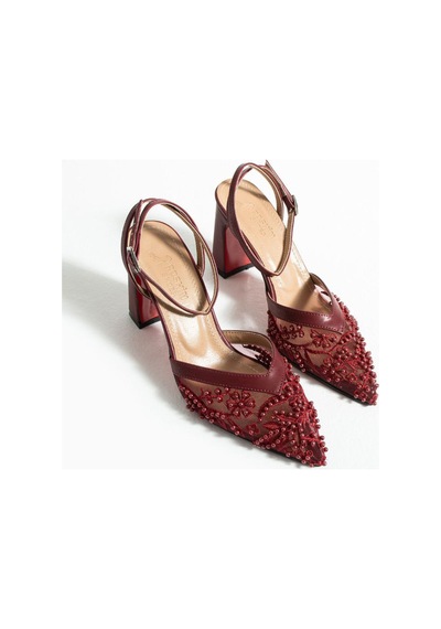 Elvı Kadın Taşlı Bej Topuklu Ayakkabı 9 Cm Bordo